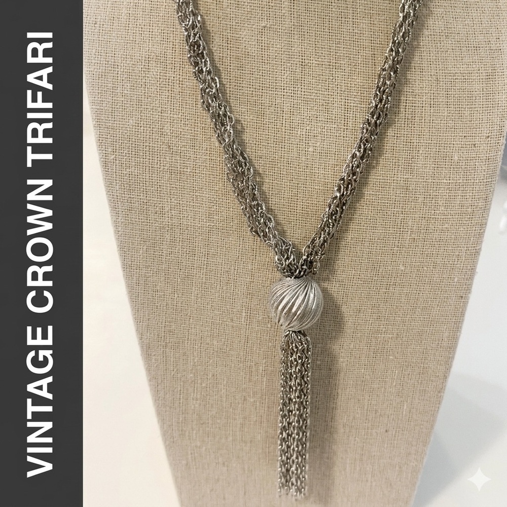 Crown Trifari Silver Tone Multi-Strand Tassel Necklace Textured Ball - Picture 9 of 10